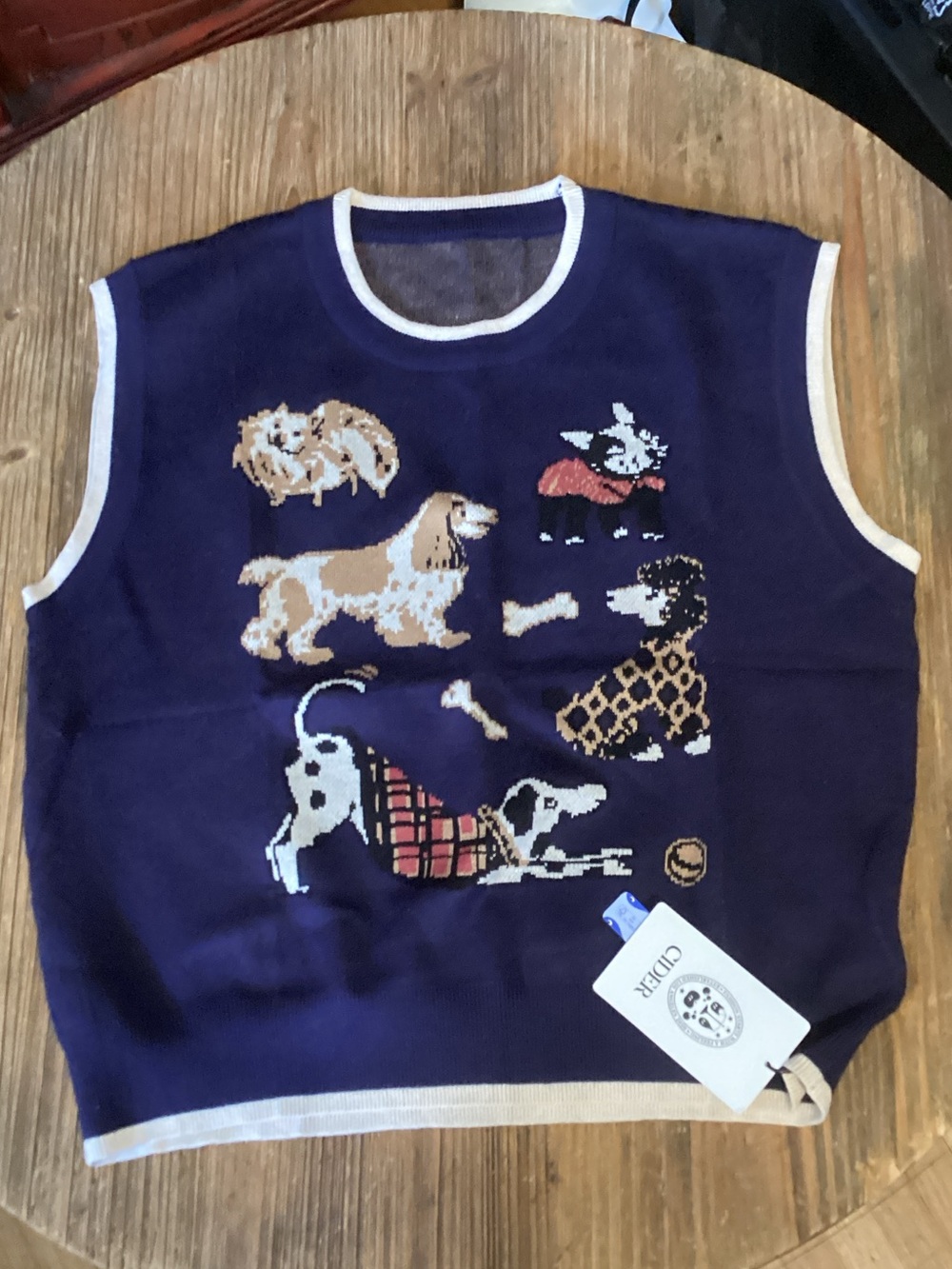 Cider Navy Knit Crewneck Vest with Cream Trim and Multicolor Dog Motifs